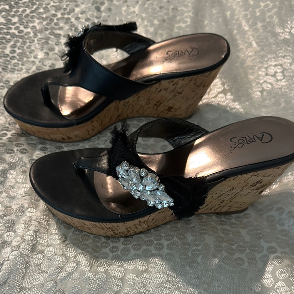 Carlos Santana Black Wedge Sandals with Crystal Embellishments. Like nrw